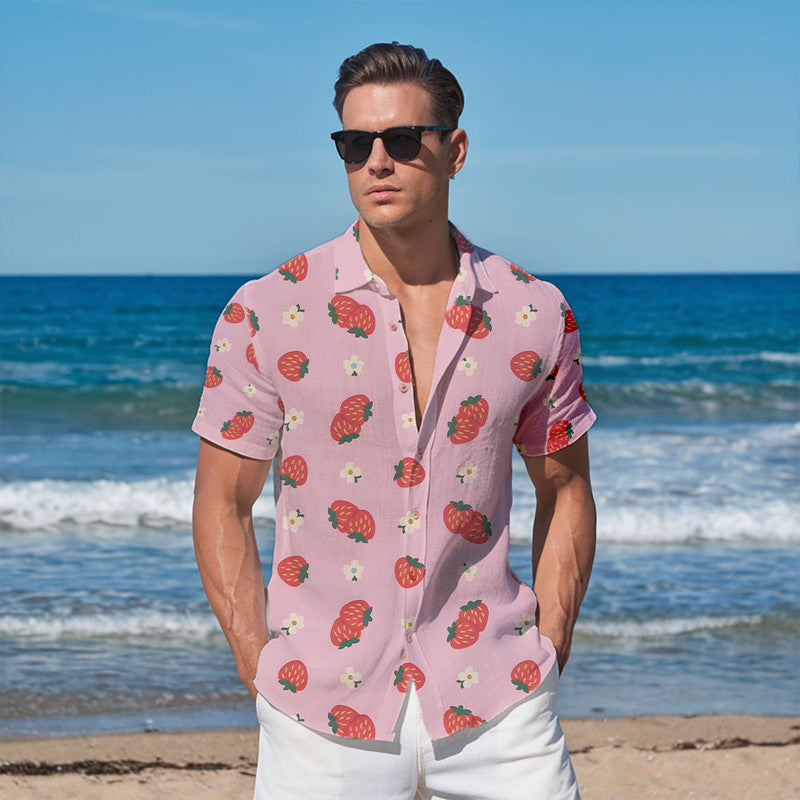 Strawberry Hawaiian Shirt - Cute Pink Unisex Shirt with Red Berries & White Flowers