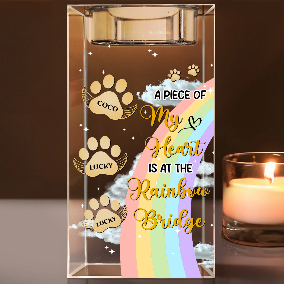 I Crossed The Rainbow Bridge Memorial Pet - Memorial Gifts - Personalized Crystal Candle Holder