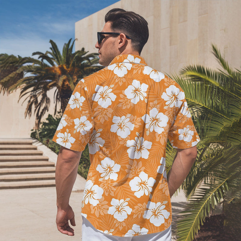 Hibiscus Hawaiian Shirt - Unisex Orange Shirt with White Tropical Flower Print