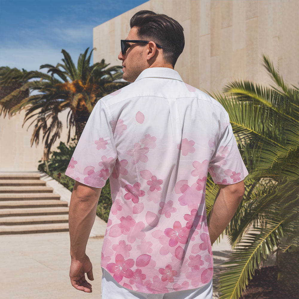 Sakura Hawaiian Shirt - Unisex White & Pink Gradient Shirt with Cherry Blossom Design