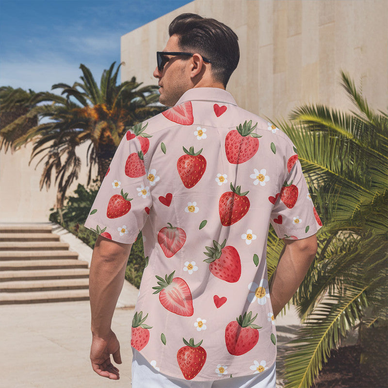 Strawberry Hawaiian Shirt - Unisex Pink Shirt with Cute Red Berries & Floral Pattern