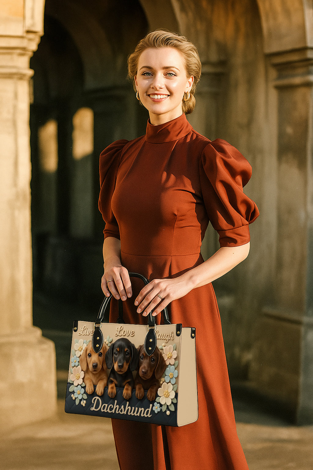 Dachshund Handbag – Live Love Laugh Tote Bag with 3D Flowers and Cute Dachshund Puppies