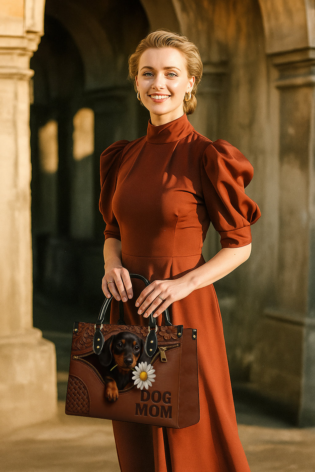 Dachshund Lover Handbag - Dog Mom Purse with Floral Tooled Leather & Adorable Puppy