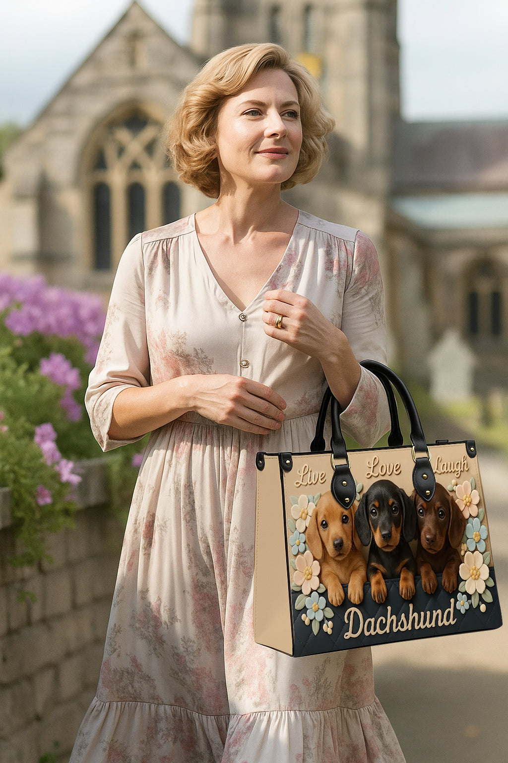 Dachshund Handbag – Live Love Laugh Tote Bag with 3D Flowers and Cute Dachshund Puppies