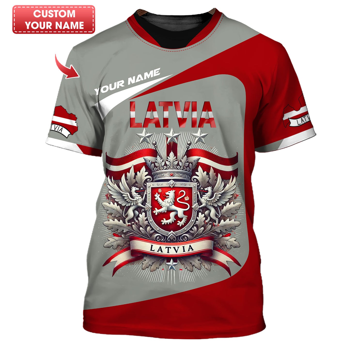 Camiseta personalizada con el escudo de armas de Letonia en 3D, regalo personalizado para los amantes de Letonia