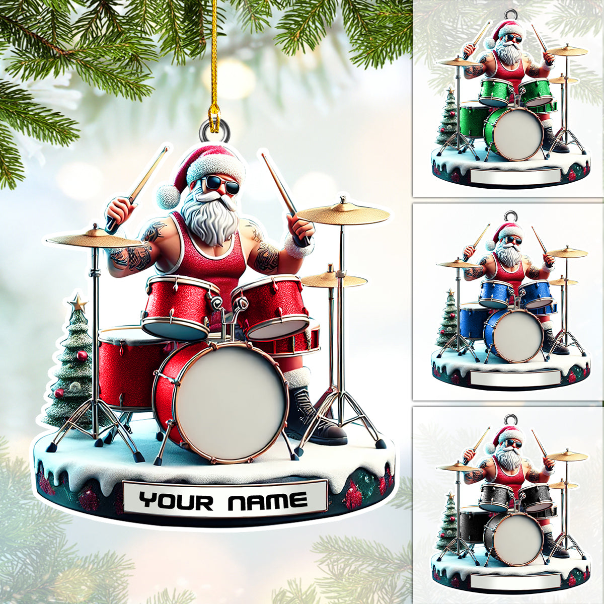 Personalized Drummer Santa Ornament - Custom Name Christmas Decoration