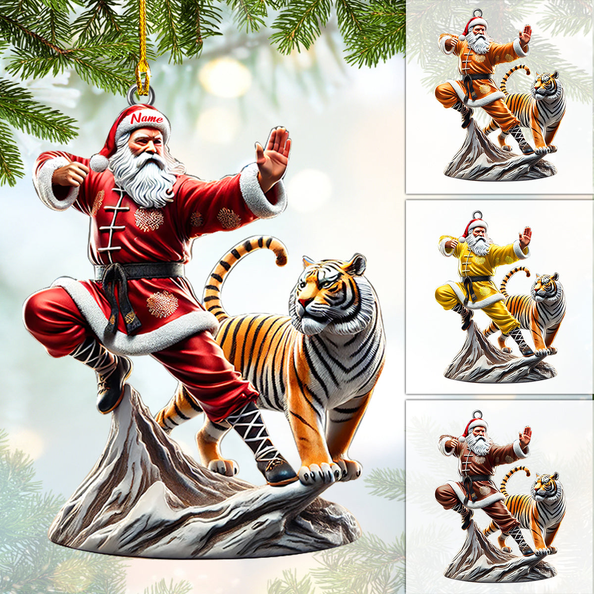 Personalized Santa Kung Fu Ornament with Tiger – Custom Martial Arts Holiday Decoration