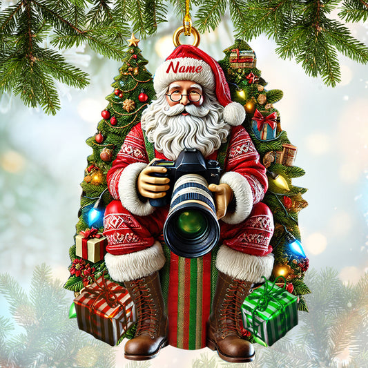 Custom Christmas Ornament - Santa Claus with Camera - Personalized Holiday Gift for Photography Lovers