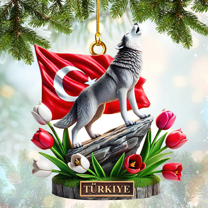 Custom Turkish Wolf Ornament - Personalized Gift with Tulips and National Flag - Unique Home Decoration