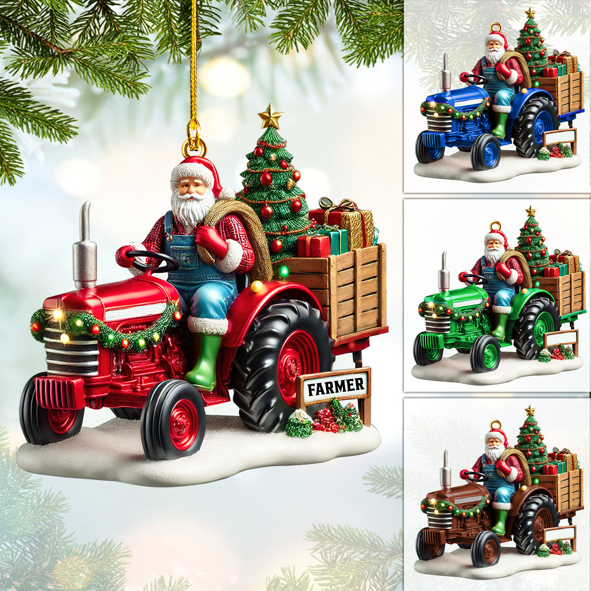 Personalized Farmer Santa Ornament on Tractor - Custom Name Christmas Decoration