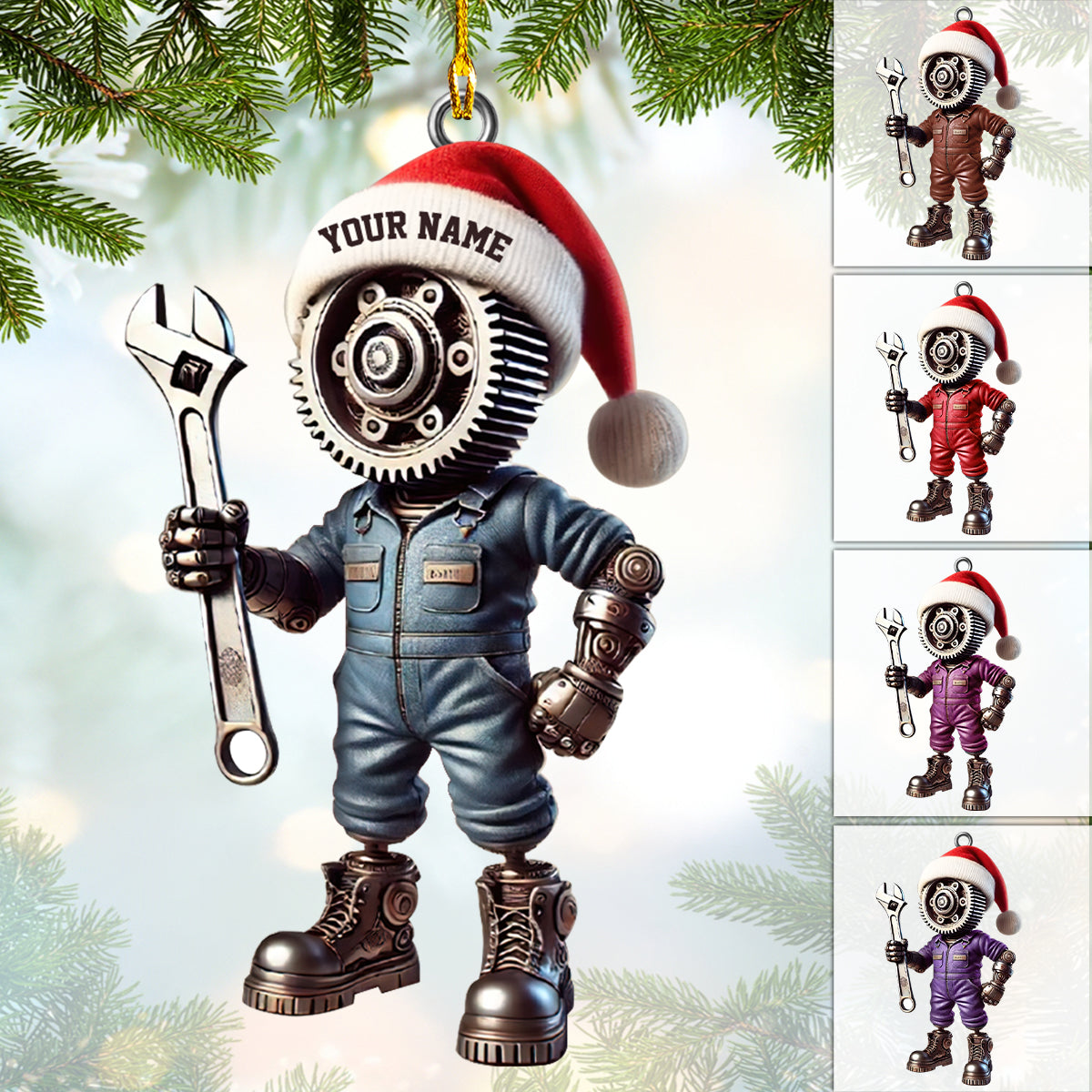 Customizable Gearhead Santa Ornament, Perfect for Mechanics and Engineers