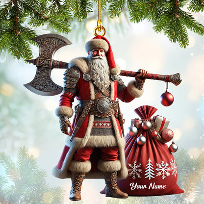 Personalized Viking Santa Ornament – Custom Christmas Decor with Santa Warrior and Gift Sack