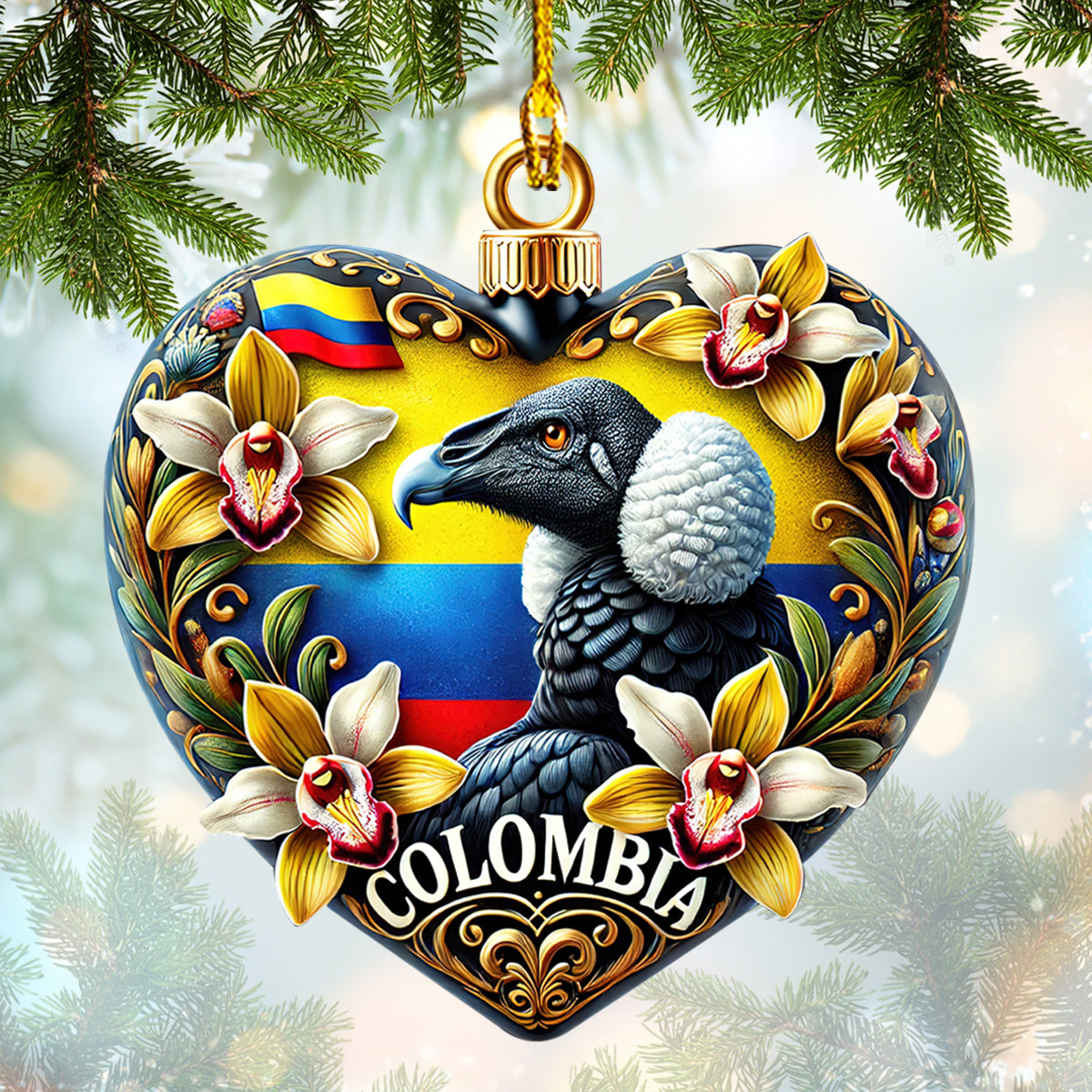 Ornament Custom Name Colombia Heart With Andean Condor, Home Decor Gift For Colombia Lovers