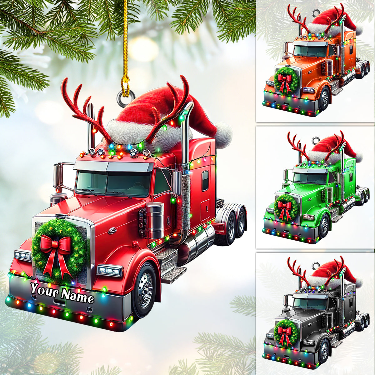 Custom Semi-Truck Christmas Ornament with Santa Hat and Reindeer Antlers – Personalized Holiday Decoration for Truckers