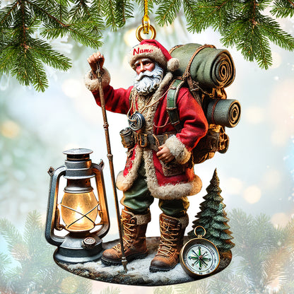 Personalized Hiking Santa Ornament – Custom Christmas Santa Claus with Backpack, Lantern & Compass Decor