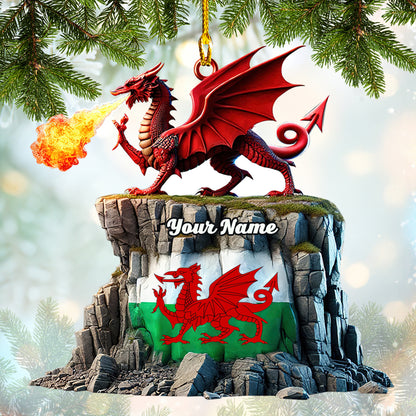 Custom Name The Red Dragon With Wales Flag Ornament, Home Decor Gift For Wales Lovers