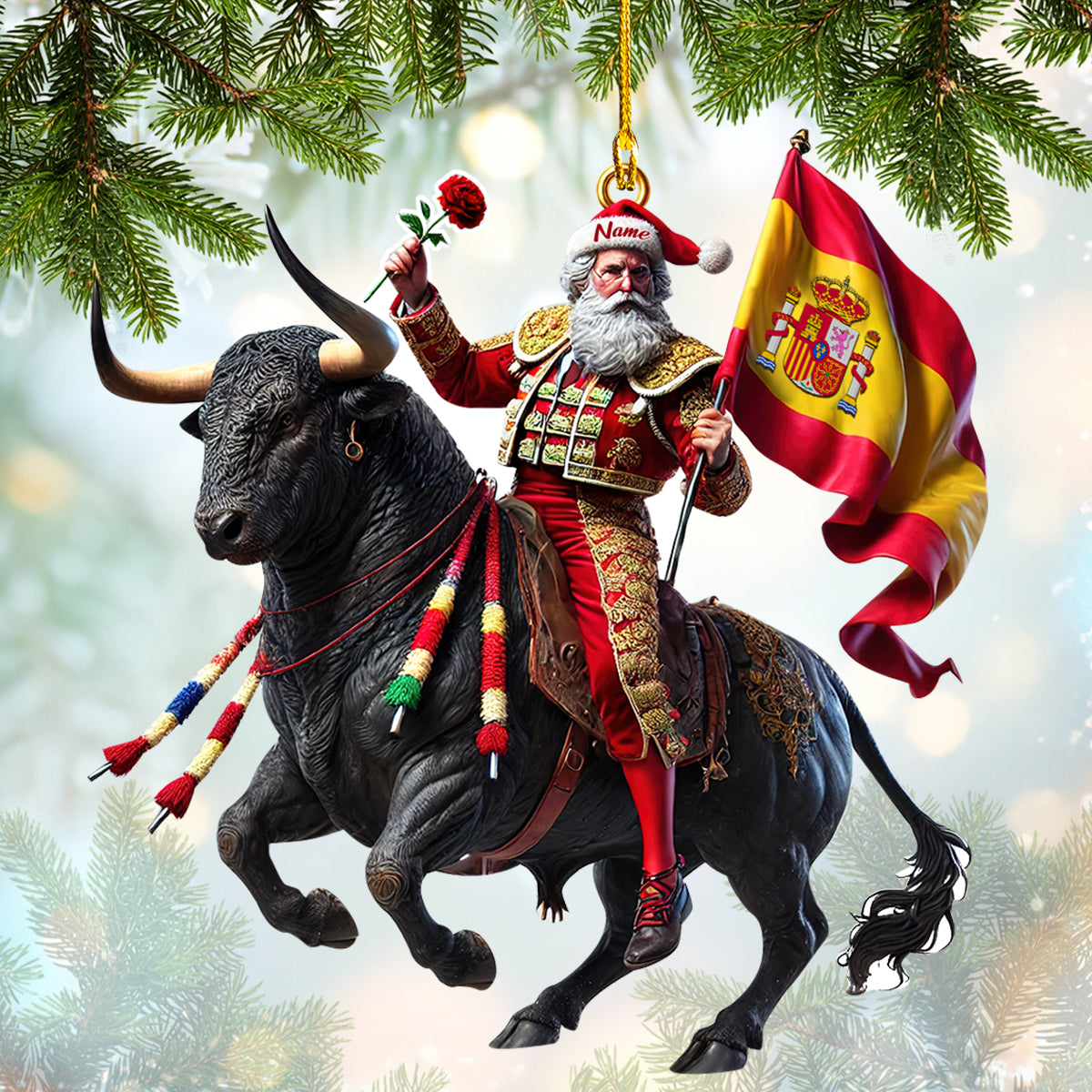 Custom Name Ornament Santa Ride Bull With Spain Flag, Home Decor Gift For Spain Lovers