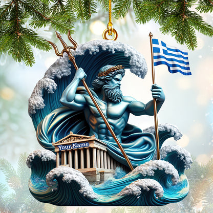 Custom Poseidon Greek Ornament – Personalized Ocean God Decor with Greek Flag and Parthenon