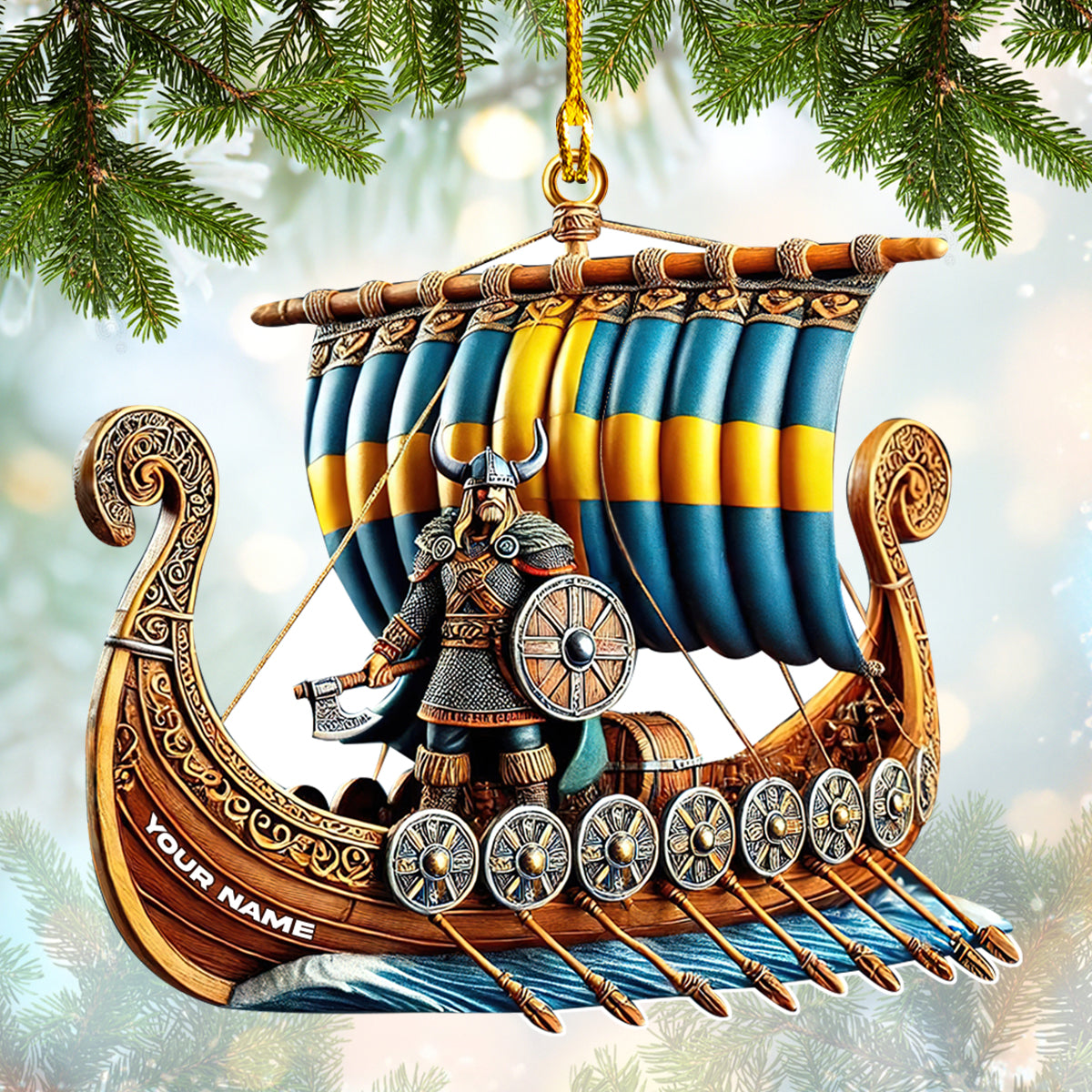 Custom Viking Warrior On Swedish Warship Ornament, Home Decor Gift For Sweden Lovers