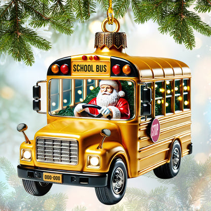 Personalized School Bus Santa Christmas Ornament - Custom Text & Number Holiday Gift