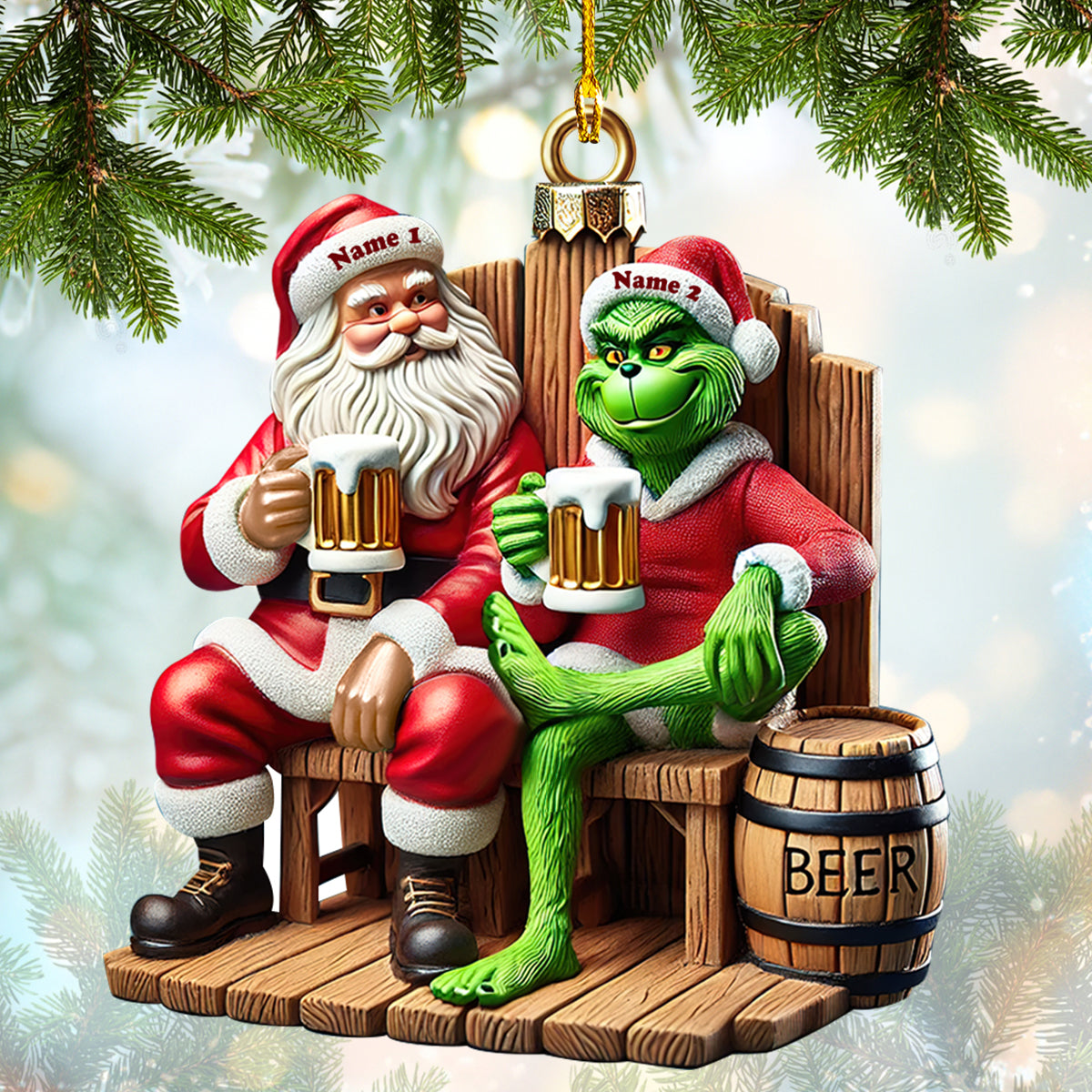 Personalized Santa and Grinch Beer Ornament – Custom Holiday Cheers Decoration