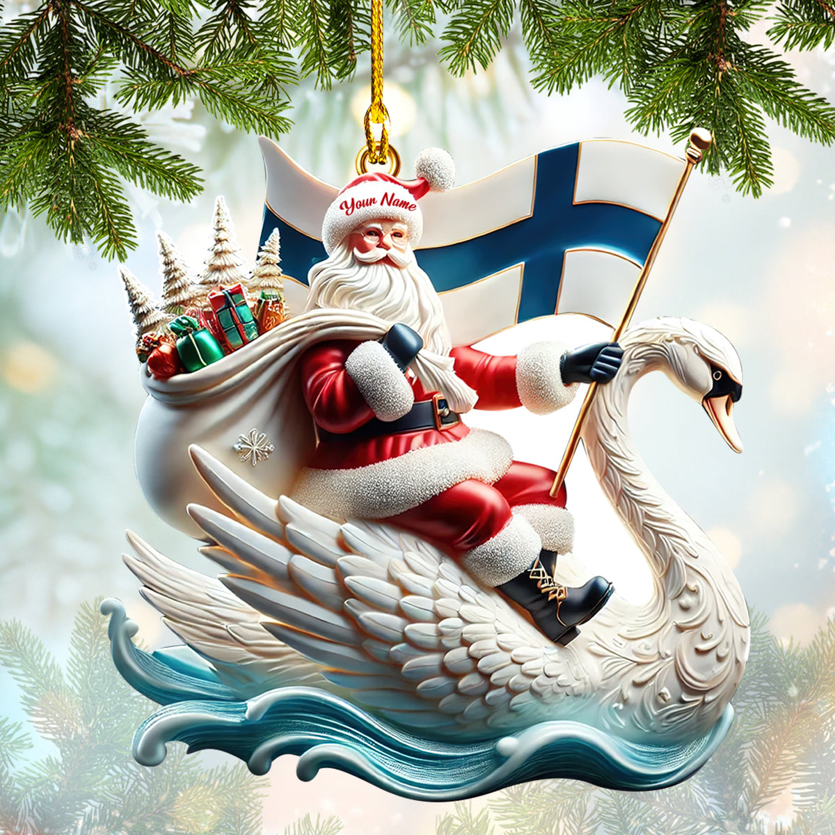 Santa Claus Ride Swan With Finland Flag Ornament Custom Name Christmas Home Decor Gift For Finland Lovers