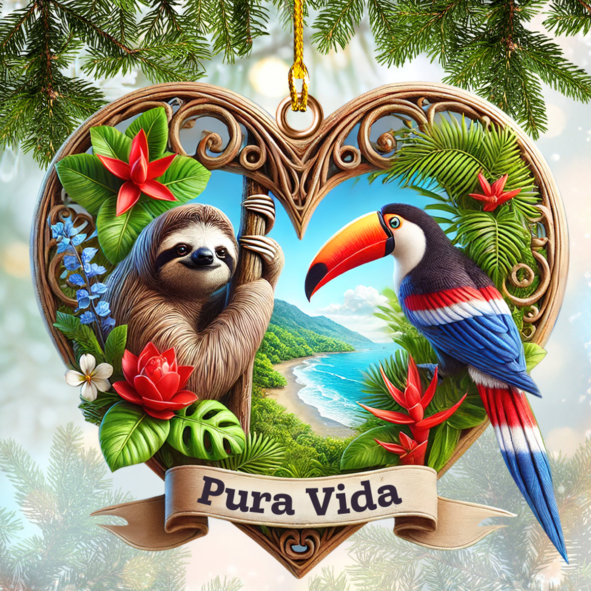 Pura Vida Ornament Custom Name Costa Rica Heart, Home Decor Gift For Colombia Lovers