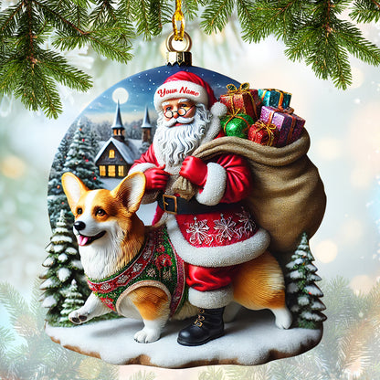 Custom Name Santa Claus Riding Corgi Christmas Ornament, Home Decor Gift For Dog Lovers