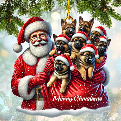 Santa with German Shepherd Puppies Ornament – Merry Christmas Decoration for Dog Lovers