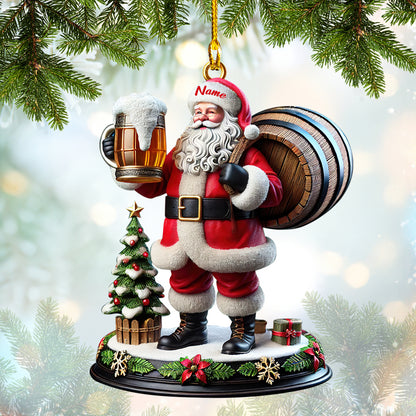 Personalized Beer Barrel Santa Ornament – Custom Christmas Santa Claus Decor with Beer Mug & Mini Christmas Tree