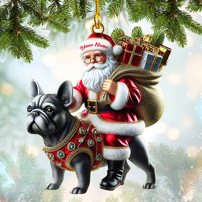 Custom Name Santa Claus Riding French Bulldog Christmas Ornament, Home Decor Gift For Dog Lovers