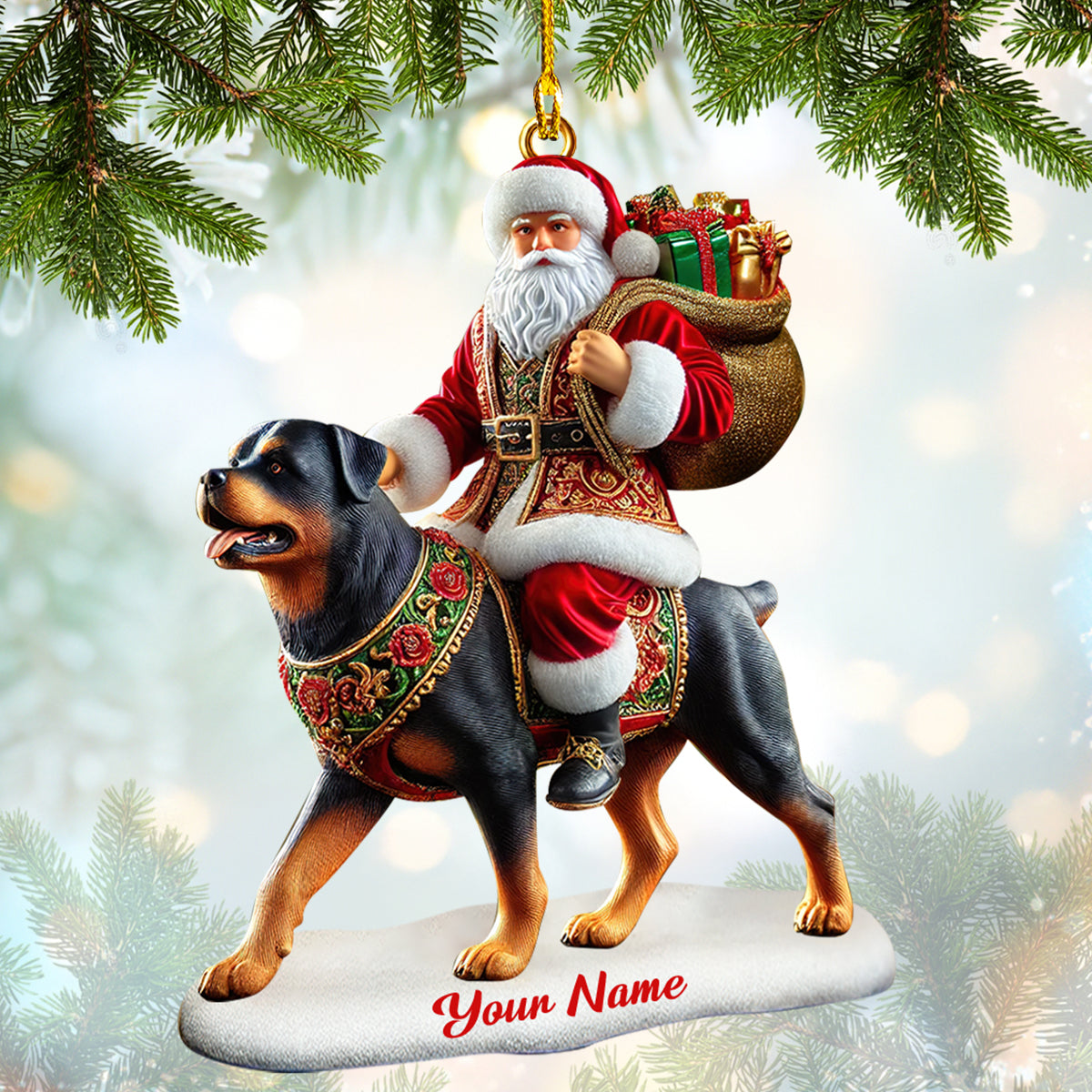 Custom Name Santa Claus Riding Rottweiler Christmas Ornament, Home Decor Gift For Dog Lovers