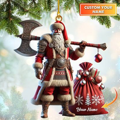 Personalized Viking Santa Ornament – Custom Christmas Decor with Santa Warrior and Gift Sack