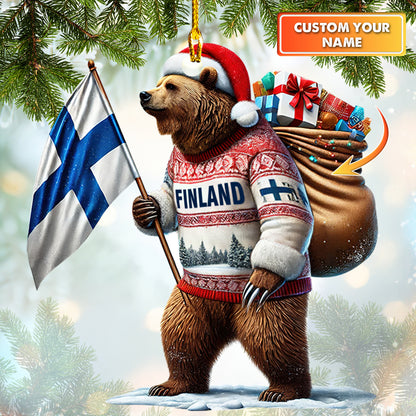 Christmas Ornament Bear With Finland Flag Custom Name Home Decor Gift For Finland Lovers