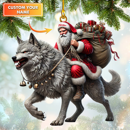 Personalized Santa Riding Wolf Ornament – Unique Christmas Decor with Custom Name Option