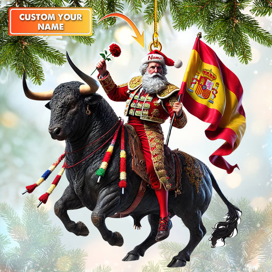 Custom Name Ornament Santa Ride Bull With Spain Flag, Home Decor Gift For Spain Lovers