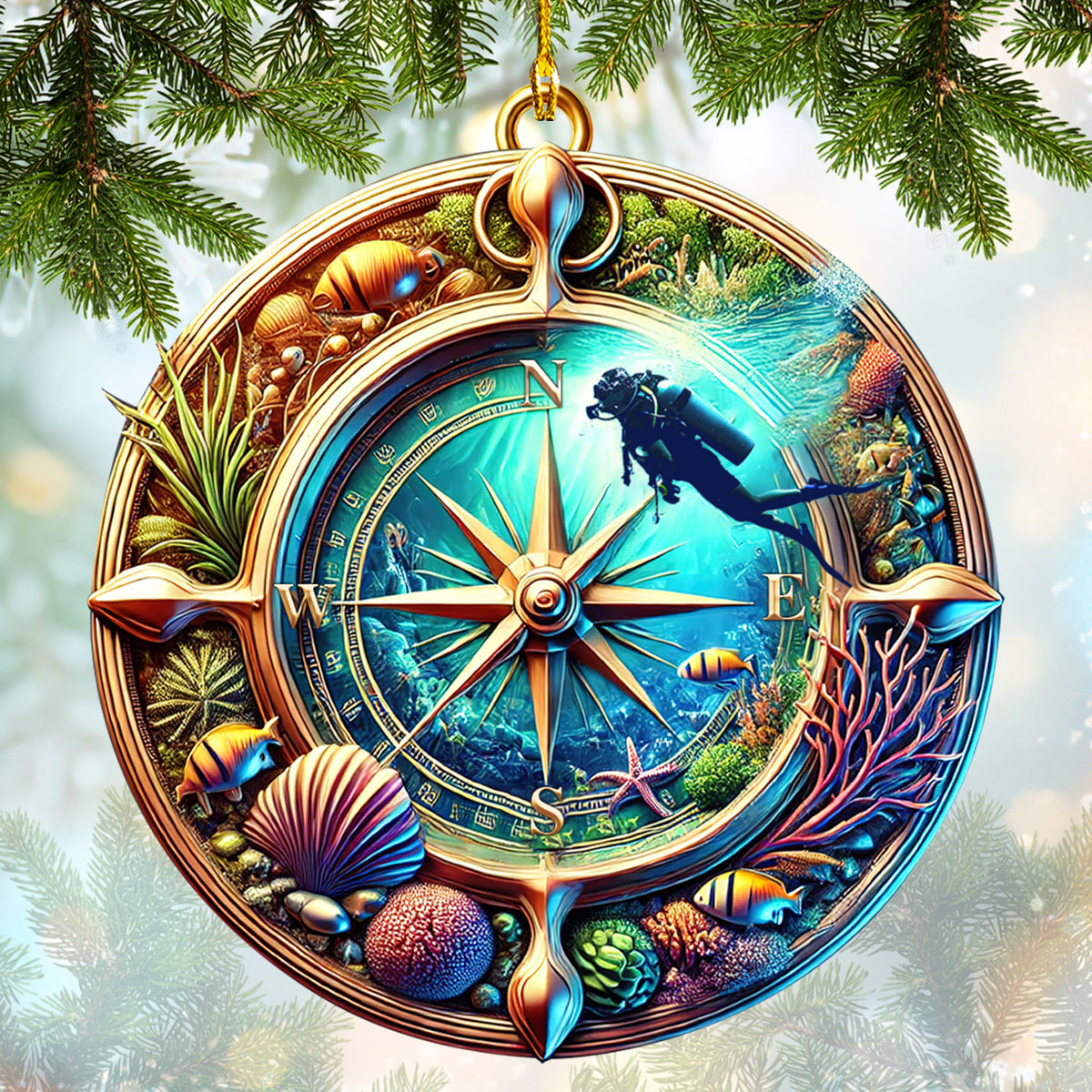 Ornament Scuba Diving In Compass, Home Decor Gift For Diver Lovers