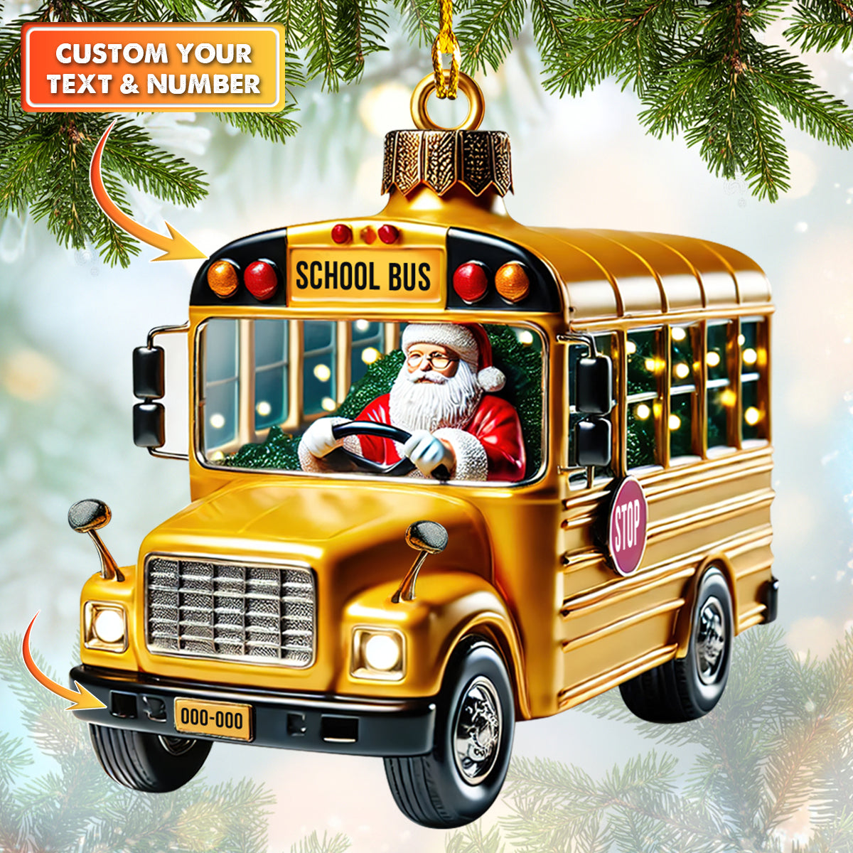 Personalized School Bus Santa Christmas Ornament - Custom Text & Number Holiday Gift