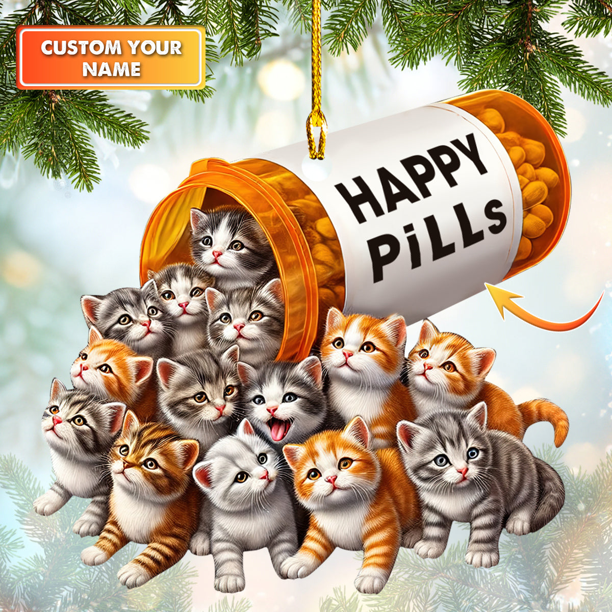 Custom Cat Ornament Happy Pills Personalized Holiday Gift For Cat Lovers