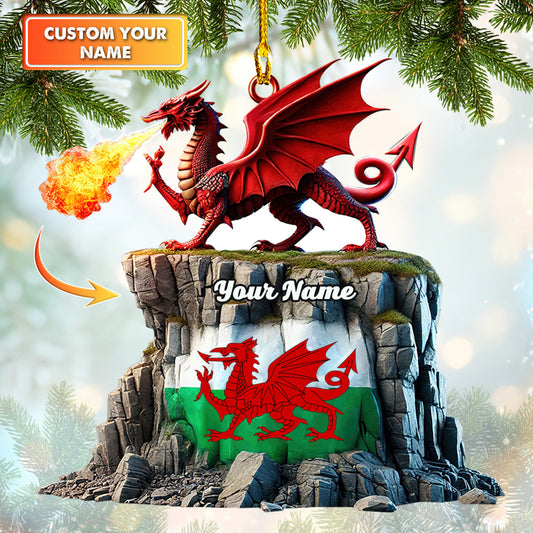 Custom Name The Red Dragon With Wales Flag Ornament, Home Decor Gift For Wales Lovers