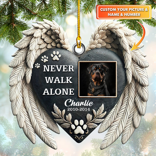 Personalized Pet Memorial Ornament with Angel Wings – Custom 'Never Walk Alone' Heart Keepsake for Dogs and Cats