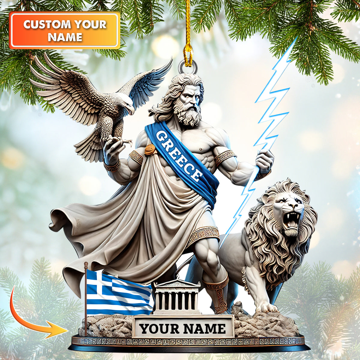 Custom Name Greek God Zeus With Lion And Eagle Ornament, Home Decor Gift For Greece Lovers