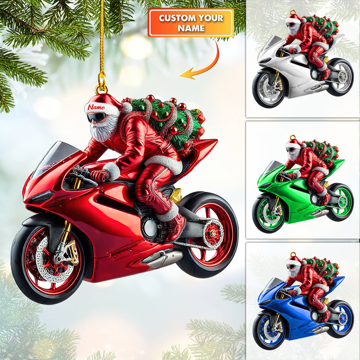 Customizable Santa Motorcycle Ornament – Personalized Christmas Decoration for Bikers