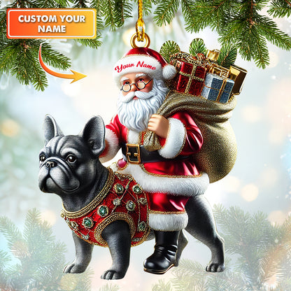 Custom Name Santa Claus Riding French Bulldog Christmas Ornament, Home Decor Gift For Dog Lovers