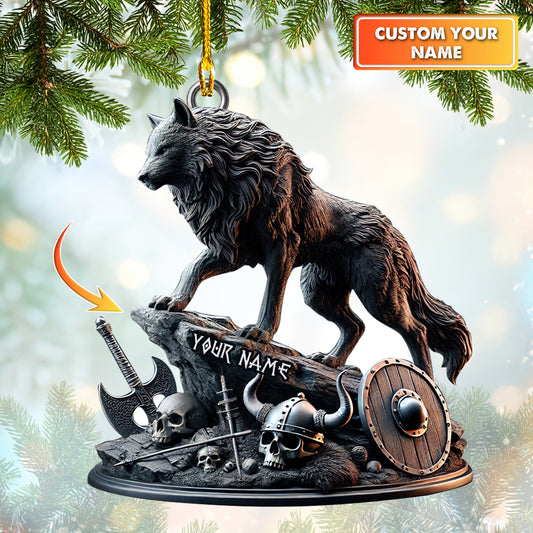 Personalized Viking Wolf Christmas Ornament – Custom Name Decoration for Nordic Enthusiasts