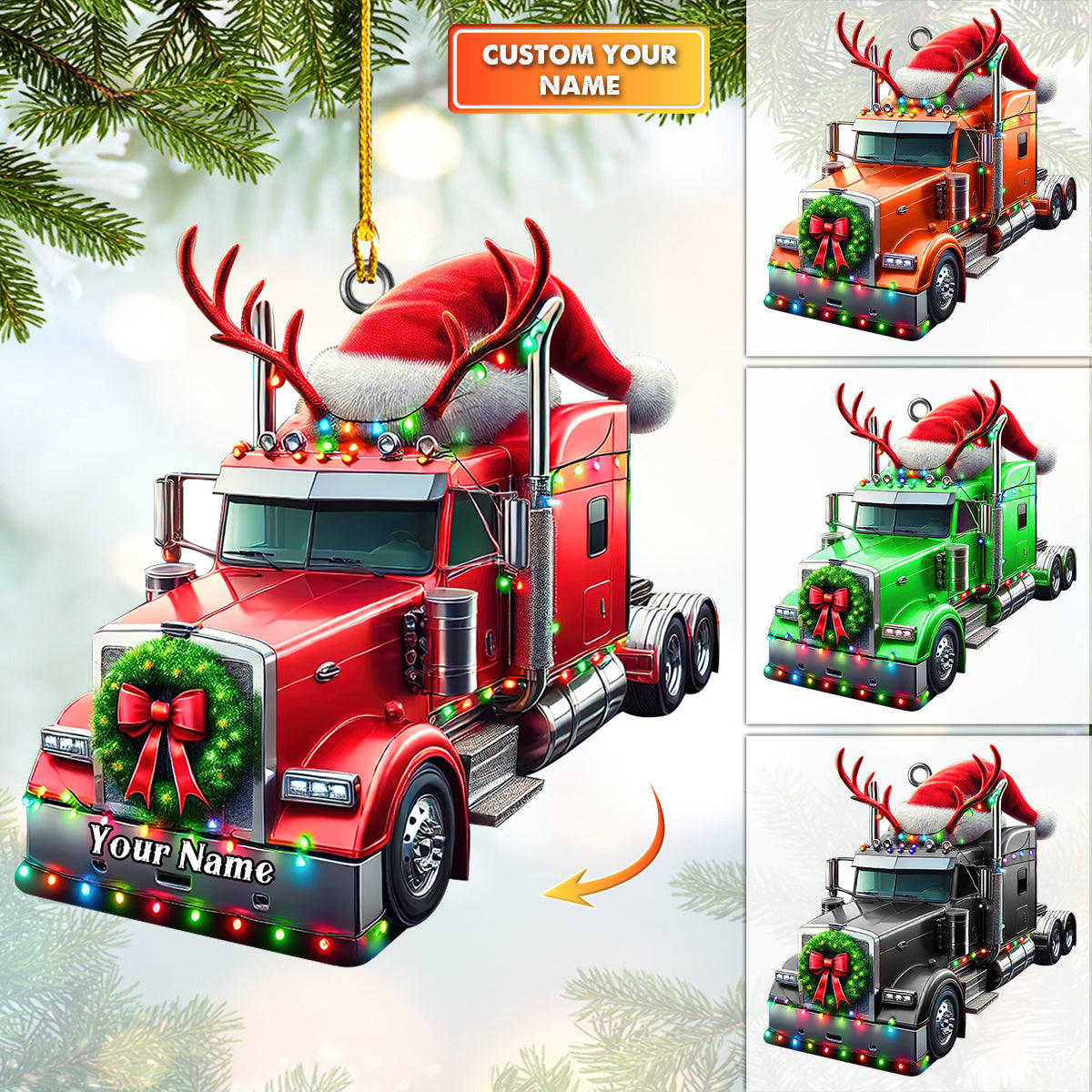 Custom Semi-Truck Christmas Ornament with Santa Hat and Reindeer Antlers – Personalized Holiday Decoration for Truckers