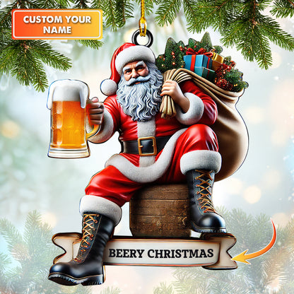 Beery Christmas Ornament Santa With Beer Custom Name Christmas Home Decor Gift For Beer Lovers