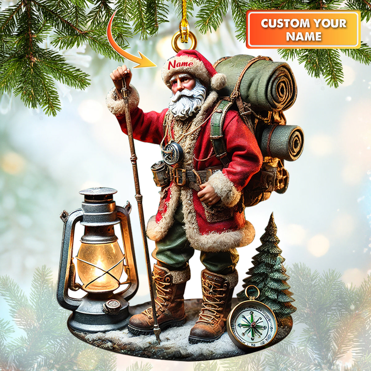 Personalized Hiking Santa Ornament – Custom Christmas Santa Claus with Backpack, Lantern & Compass Decor