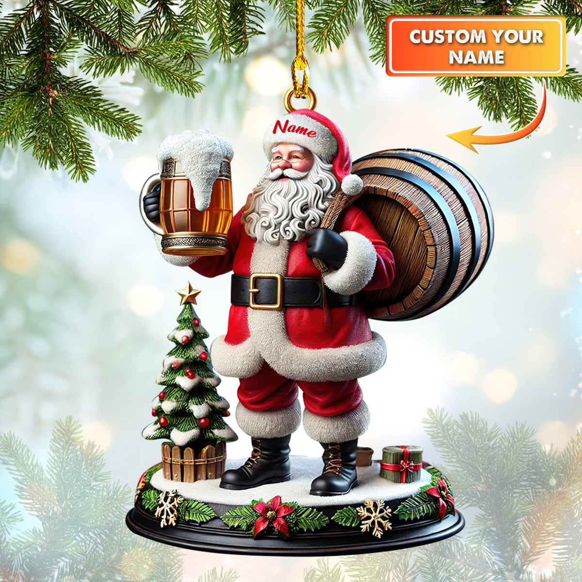 Personalized Beer Barrel Santa Ornament – Custom Christmas Santa Claus Decor with Beer Mug & Mini Christmas Tree