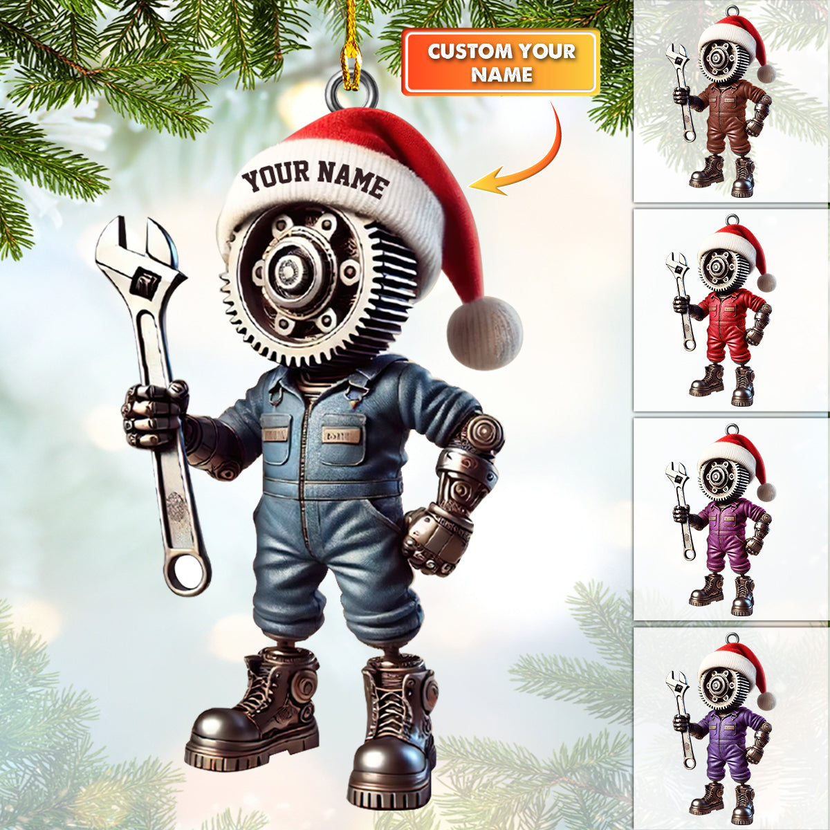 Customizable Gearhead Santa Ornament, Perfect for Mechanics and Engineers